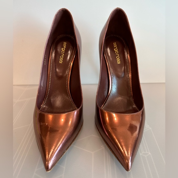 SALE SERGIO ROSSI GODIVA Red Dark Metallic Bronze Patent Leather Point Toe Pumps - Picture 12 of 12